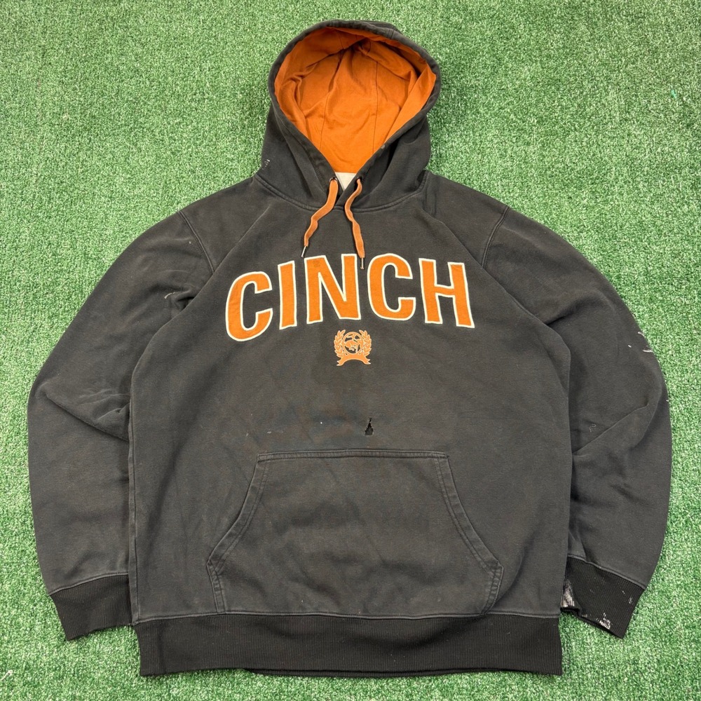 Y2K 2000's Cinch Hoodie Black Orange Logo Pullover Sweatshirt Mens L